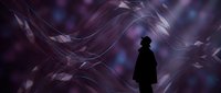 Silhouette of a person standing against swirling purple and blue abstract light waves, creating a mystical and ethereal atmosphere for conceptual and artistic projects.