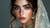 Young woman with freckles and bright blue eyes wearing delicate bridal veil and earrings, natural makeup with coral lips against dark background.