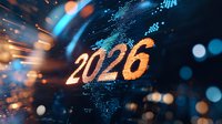 Glowing digital number 2026 with particle effects and bokeh lights against dark background creates futuristic new year celebration atmosphere.