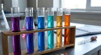 Colorful chemical solutions in test tubes arranged in wooden rack for laboratory research and scientific experiments in modern lab setting.