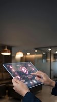 Hands holding transparent tablet displaying cybersecurity interface with shield icons and data protection elements in modern office environment.