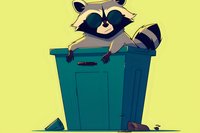 Playful raccoon character peeking out of green garbage bin against yellow background, stylized cartoon illustration for children's books and animation.