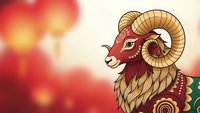 Ornate ram head with curved horns in decorative folk art style on warm bokeh background for zodiac and spiritual designs.