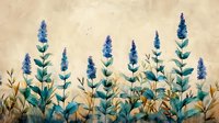 Delicate watercolor wildflowers in blue and turquoise tones against soft beige background, featuring tall stems and elongated blooms in garden-like arrangement.