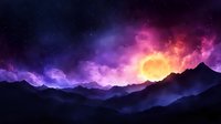 Dramatic mountain landscape with vibrant purple and pink nebula clouds in starry night sky, cosmic sunset over silhouetted peaks for fantasy backgrounds.