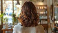 Woman with wavy brown hair from behind in beauty salon, wearing light sweater. Soft focus interior with shelves of products visible in background.