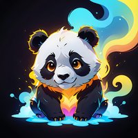 Cute baby panda with magical rainbow aura and glowing effects on dark background, stylized cartoon character design for children illustration and fantasy art.