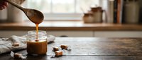 Homemade salted caramel sauce being poured from wooden spoon into glass jar on rustic kitchen counter with scattered caramel candies for baking.