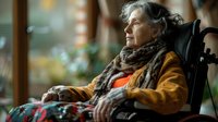 Senior Caucasian woman in wheelchair wearing orange sweater and patterned scarf gazes thoughtfully through window, capturing moment of peaceful reflection and aging dignity.
