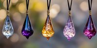 Colorful glass teardrop pendants hanging on black cords with bokeh background for jewelry making and craft projects.