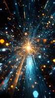 Bright explosion of light with radiating blue and golden rays creating dynamic motion effect against dark background. Glowing particles and bokeh add depth.