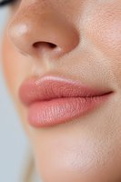 Close-up macro shot of natural pink lips and nose on clean smooth skin showing facial features and texture, suitable for beauty and skincare advertising.