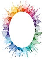 Vibrant watercolor paint splashes forming oval frame on white background. Colorful artistic border with rainbow spectrum for creative projects and designs.
