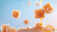 Golden caramel candy cubes with dripping honey or syrup, sprinkled with sea salt crystals against soft blue background, macro food photography.
