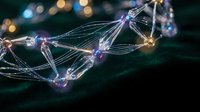 Glowing DNA double helix structure with illuminated nodes and connecting lines on dark background representing genetic research and biotechnology concepts.