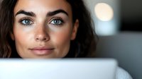 Close-up portrait of young woman with blue eyes and freckles looking at laptop screen in soft lighting, conveying focus and contemplation.