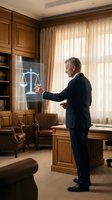 Senior Caucasian male lawyer in dark suit interacting with holographic justice scales in traditional wood-paneled law office with leather furniture and books.