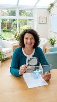 Middle-aged Caucasian woman examining medical documents with magnifying glass in bright home office conservatory, healthcare professional reviewing paperwork.