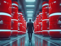 Man in dark coat walking through futuristic warehouse corridor with glowing red industrial barrels and blue lighting, creating dramatic sci-fi atmosphere.