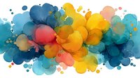 Abstract watercolor splash with vibrant blue, yellow, orange and red paint blots creating dynamic artistic background for creative projects and designs.