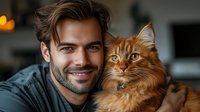 Handsome young man with beard holding fluffy orange tabby cat in cozy home interior. Pet owner bonding with feline companion in warm domestic setting.