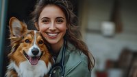 Young female veterinarian with long dark hair and green coat smiling while hugging friendly Shetland Sheepdog with red and white fur. Professional pet care concept.