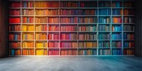 Colorful rainbow bookshelf with organized books arranged by color spectrum from red to blue in modern library interior with wooden floor.