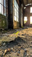 Small green plant seedling growing through cracked concrete floor in abandoned industrial building with broken windows, symbolizing hope and resilience.