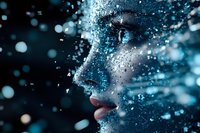 Close up portrait of woman's face with glowing blue particles and sparkles creating magical ethereal atmosphere against dark background.