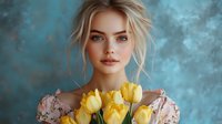 Young Caucasian woman with blonde hair and blue eyes holding yellow tulips against turquoise background. Soft romantic portrait with natural makeup and messy updo hairstyle.
