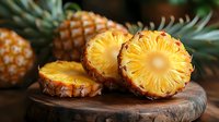 Fresh cut pineapple rings on rustic wooden board, bright yellow fruit slices with textured flesh and natural lighting, dark moody background for food styling.
