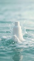 White cosmetic bottle with water splash in ocean waves, ideal for skincare, sunscreen, and beauty product marketing and advertising campaigns.