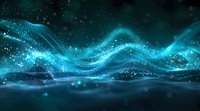 Magical glowing turquoise waves with sparkling particles flow through dark space creating ethereal abstract background perfect for modern digital design projects and presentations.