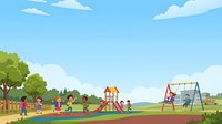 Young children of diverse ethnicities playing together at outdoor playground with colorful equipment, slides, and swings on sunny day with green grass and blue sky.