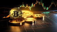 Golden Bitcoin coins on digital trading chart with candlestick patterns showing cryptocurrency market trends and price movements.