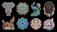 Ornamental elephant head with geometric patterns, decorative sun mandala, peacock with feathers, dreamcatcher with beads, dragon, sacred geometry flower, tribal brain design, and colorful bird illustration isolated on transparent background. Ready for t-shirt design, clipart, stickers, sublimation, and print-on-demand products.