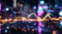 Glowing financial chart line graph with bokeh city lights background showing market data analysis and trading concept visualization in gold color.