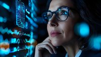 Thoughtful Caucasian businesswoman in glasses analyzing digital data visualization with blue neon graphs and charts glowing in dark office environment.