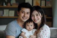 Happy Asian family portrait with parents and baby sitting together on sofa at home, expressing love and togetherness in cozy living room setting.