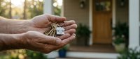 Hands holding house keys with a home-shaped keychain in front of a residential property, symbolizing real estate purchase or rental agreement.