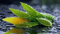 Fresh green and yellow chili peppers with water drops on dark reflective surface, macro photography showing texture and freshness of spicy ingredients.