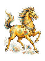 Golden horse with ornate decorative patterns and flowing mane, isolated on white background, suitable for clipart, t-shirt design, and children's illustrations.