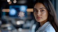 Young Hispanic businesswoman with long dark hair in white blazer against blurred blue digital interface showing molecular structure and data visualization.