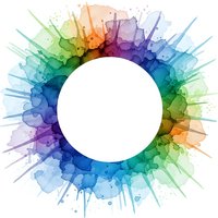 Vibrant watercolor splash circle frame with rainbow spectrum colors and paint splatters on white background for creative design projects.