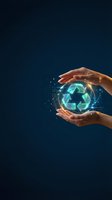 Hands protecting glowing recycling symbol with digital particles on dark blue background representing environmental conservation and sustainability.