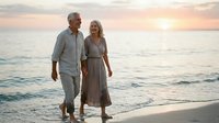 Happy mature couple walking hand in hand on beach at sunset during romantic vacation getaway enjoying golden hour light and ocean waves.