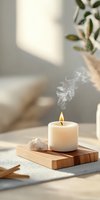 Burning white candle with delicate smoke trail on wooden holder next to crystal, soft natural lighting creates peaceful atmosphere for wellness and meditation space.