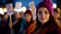 Young woman in purple knit beanie at evening protest rally with crowd and protest signs in background, illuminated by bokeh lights, expressing hope and activism.