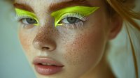 Young blonde woman with vibrant neon green eyeshadow makeup and natural freckles showcasing bold artistic beauty look for fashion and cosmetics.