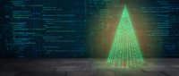 Digital Christmas tree made of glowing green code matrix with programming text background for holiday tech themes and software development celebrations.